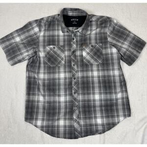 ORVIS Mens Woven Tech Short Sleeve Shirt Size XL Gray Plaid Pockets Outdoor UPF